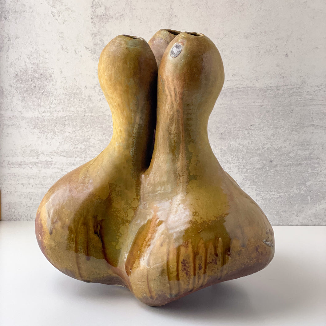 Three Lobed Sculpture with Amber Celadon Glaze