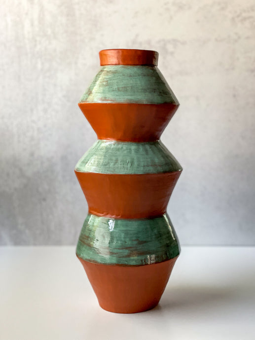 Teal and Terra Cotta Zigzag Vase